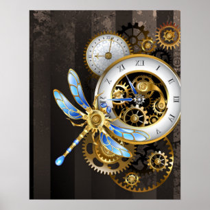 Steampunk Clock with Mechanical Dragonfly Poster
