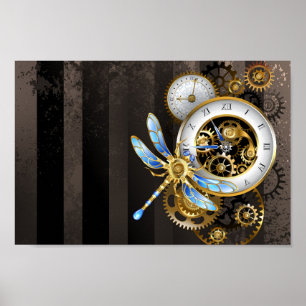 Steampunk Clock with Mechanical Dragonfly Poster