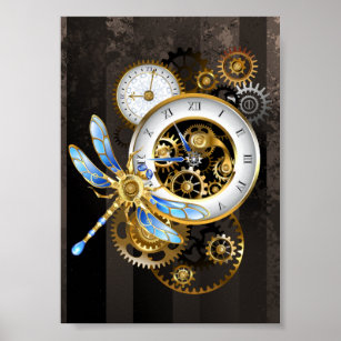 Steampunk Clock with Mechanical Dragonfly Poster