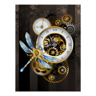 Steampunk Clock with Mechanical Dragonfly Poster