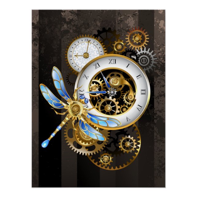 Steampunk Clock with Mechanical Dragonfly Poster (Front)