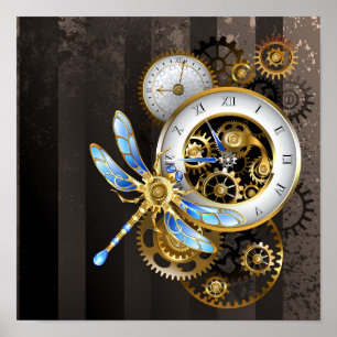 Steampunk Clock with Mechanical Dragonfly Poster