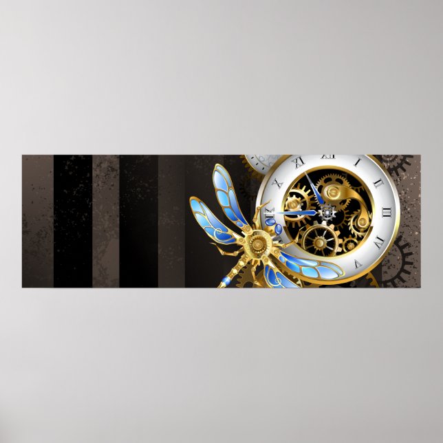 Steampunk Clock with Mechanical Dragonfly Poster (Front)