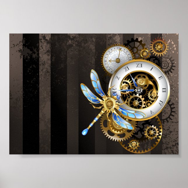 Steampunk Clock with Mechanical Dragonfly Poster (Front)