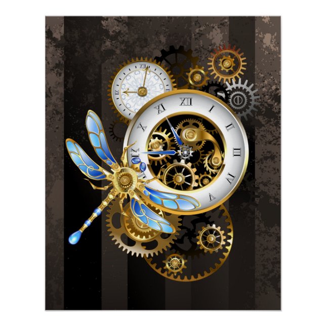 Steampunk Clock with Mechanical Dragonfly Poster (Front)