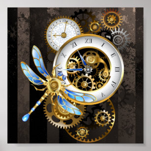 Steampunk Clock with Mechanical Dragonfly Poster