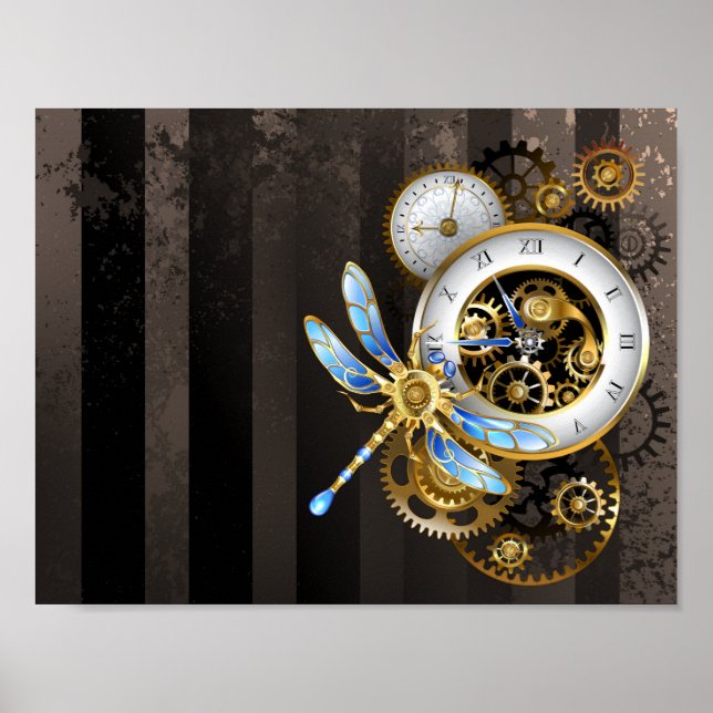 Steampunk Clock with Mechanical Dragonfly Poster (Front)