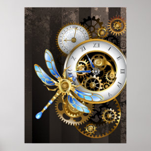 Steampunk Clock with Mechanical Dragonfly Poster