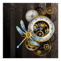 Steampunk Clock with Mechanical Dragonfly