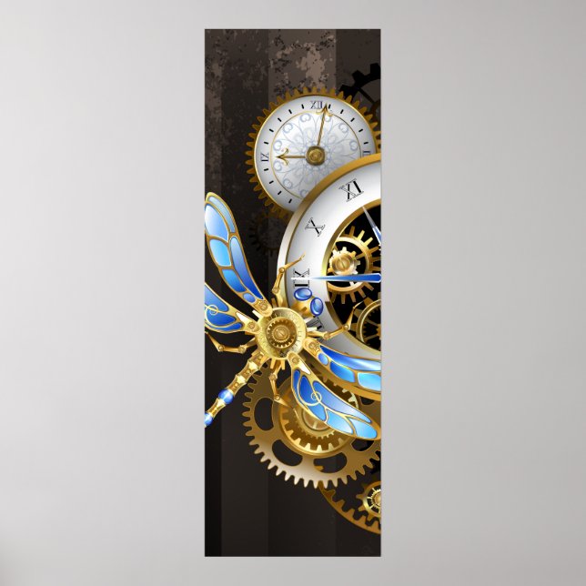 Steampunk Clock with Mechanical Dragonfly Poster (Front)