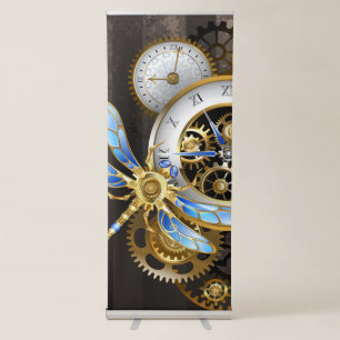 Steampunk Clock with Mechanical Dragonfly Retractable Banner