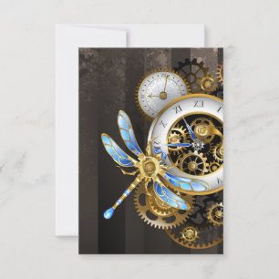 Steampunk Clock with Mechanical Dragonfly RSVP Card