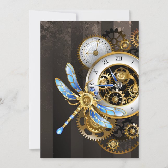 Steampunk Clock with Mechanical Dragonfly Save The Date (Front)