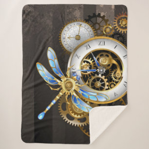 Steampunk Clock with Mechanical Dragonfly Sherpa Blanket
