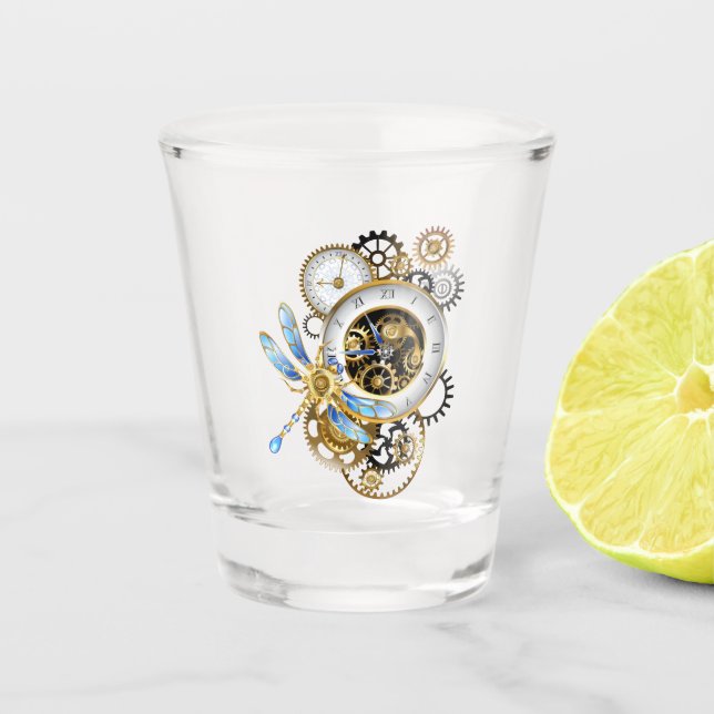 Steampunk Clock with Mechanical Dragonfly Shot Glass (Front)
