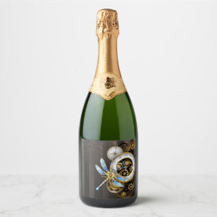 Steampunk Clock with Mechanical Dragonfly Sparkling Wine Label
