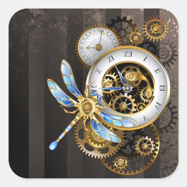 Steampunk Clock with Mechanical Dragonfly Square Sticker (Front)