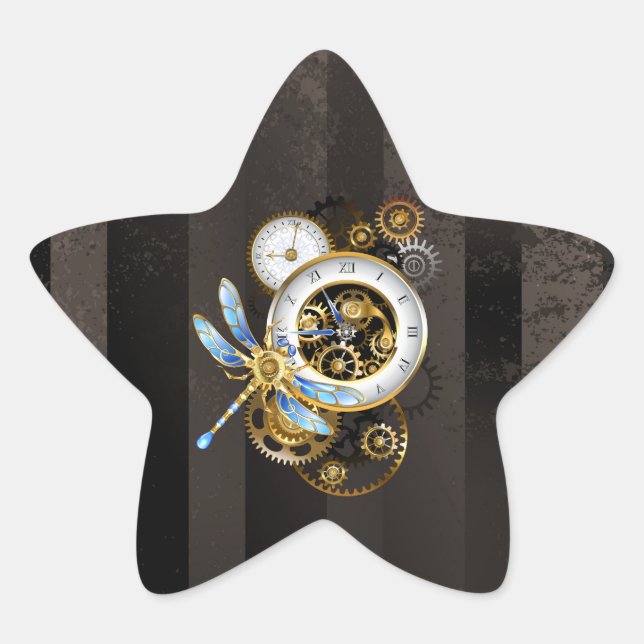 Steampunk Clock with Mechanical Dragonfly Star Sticker (Front)