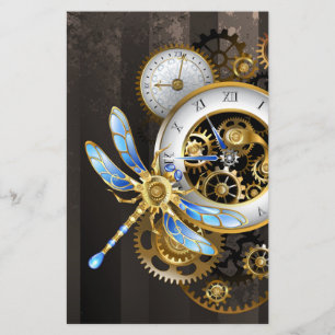 Steampunk Clock with Mechanical Dragonfly Stationery