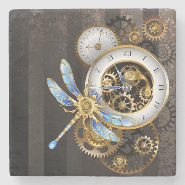 Steampunk Clock with Mechanical Dragonfly Stone Coaster (Front)