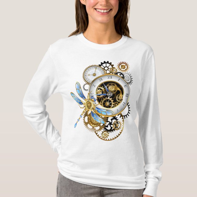 Steampunk Clock with Mechanical Dragonfly T-Shirt (Front)
