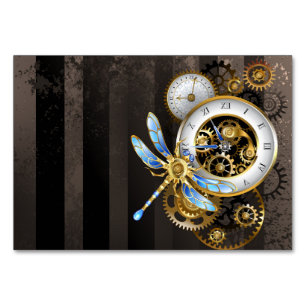 Steampunk Clock with Mechanical Dragonfly Table Number