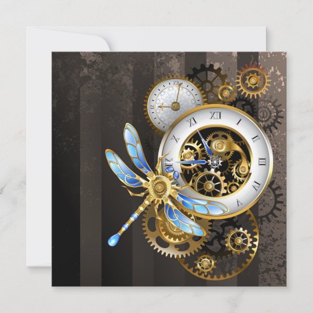 Steampunk Clock with Mechanical Dragonfly Thank You Card (Front)