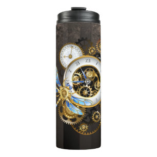 Steampunk Clock with Mechanical Dragonfly Thermal Tumbler