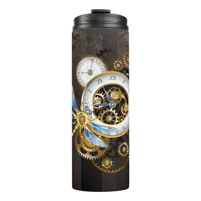 Steampunk Clock with Mechanical Dragonfly Thermal Tumbler (Front)