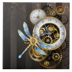 Steampunk Clock with Mechanical Dragonfly Tile