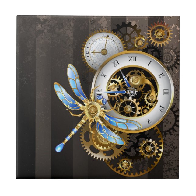 Steampunk Clock with Mechanical Dragonfly Tile (Front)