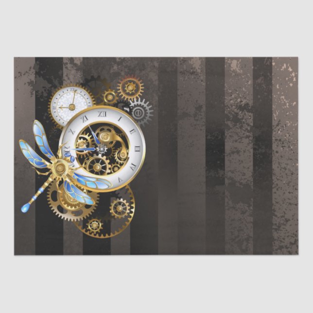 Steampunk Clock with Mechanical Dragonfly Tissue Paper (Front)