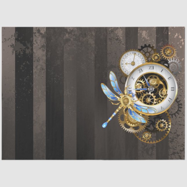 Steampunk Clock with Mechanical Dragonfly Tissue Paper (Front)