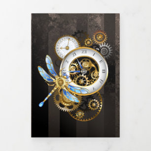 Steampunk Clock with Mechanical Dragonfly Tri-Fold Holiday Card