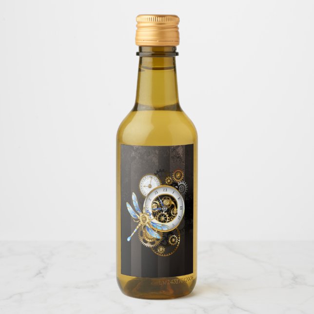 Steampunk Clock with Mechanical Dragonfly Wine Label (Front)