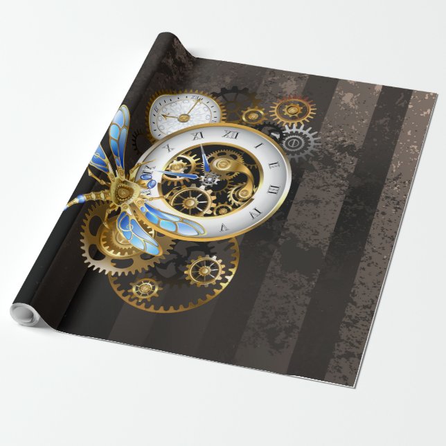Steampunk Clock with Mechanical Dragonfly Wrapping Paper (Unrolled)