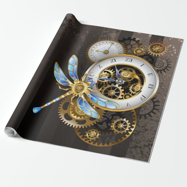 Steampunk Clock with Mechanical Dragonfly Wrapping Paper (Unrolled)
