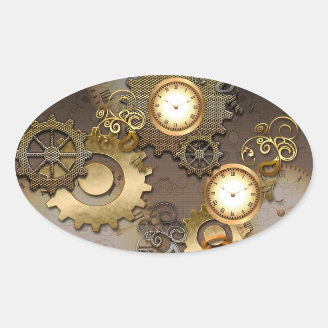 Steampunk, clocks and gears oval sticker (Front)
