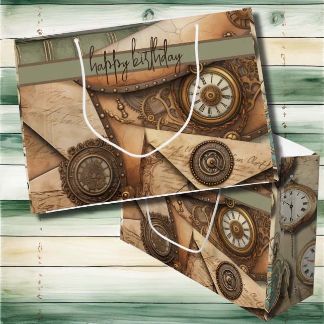 Steampunk | Clocks | Gears | Books | Victorian Large Gift Bag (Steampunk gears and clocks on customizable large gift bags for birthdays and special occasions. )