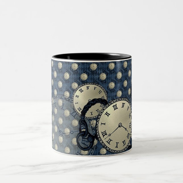 Steampunk clocks gothic blue  Two-Tone coffee mug (Center)