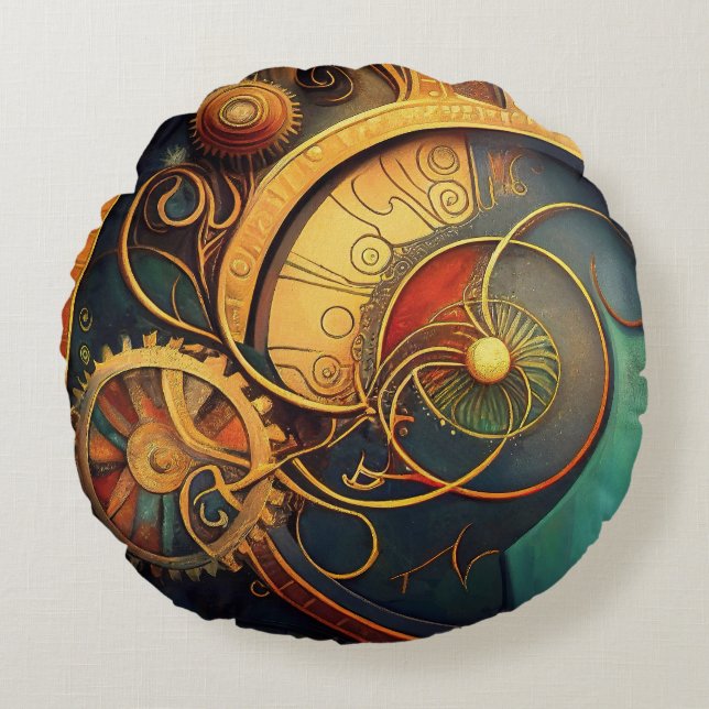 Steampunk Clockwork Abstract Design Round Cushion (Front)