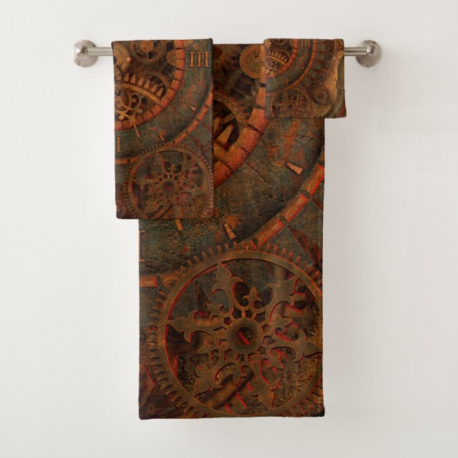 Steampunk clockwork bath towel set (Insitu)