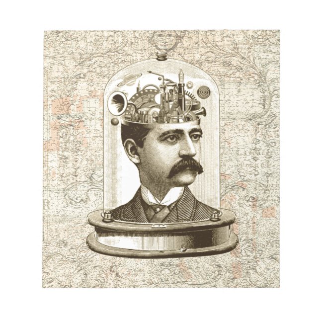 Steampunk clockwork brain head in jar notepad (Front)