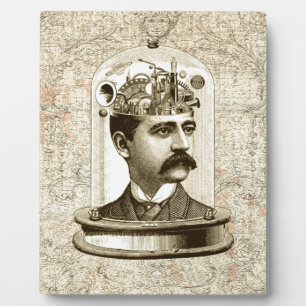 Steampunk clockwork brain head in jar plaque