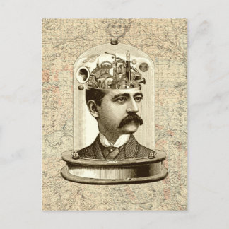 Steampunk clockwork brain head in jar postcard