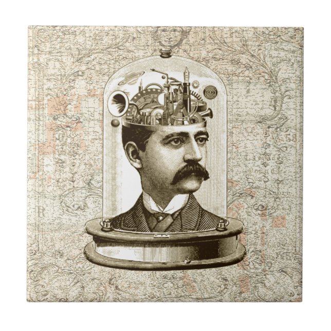 Steampunk clockwork brain head in jar tile (Front)