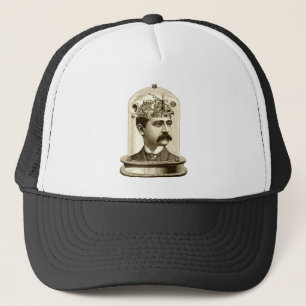 Steampunk clockwork brain head in jar trucker hat