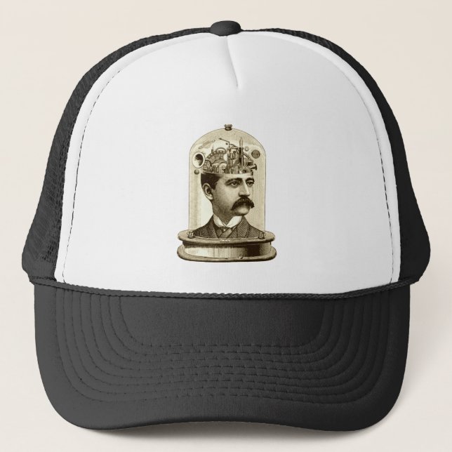 Steampunk clockwork brain head in jar trucker hat (Front)
