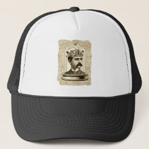Steampunk clockwork brain head in jar trucker hat