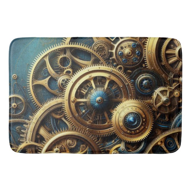 Steampunk Clockwork Gold and Teal Bath Mat (Front)